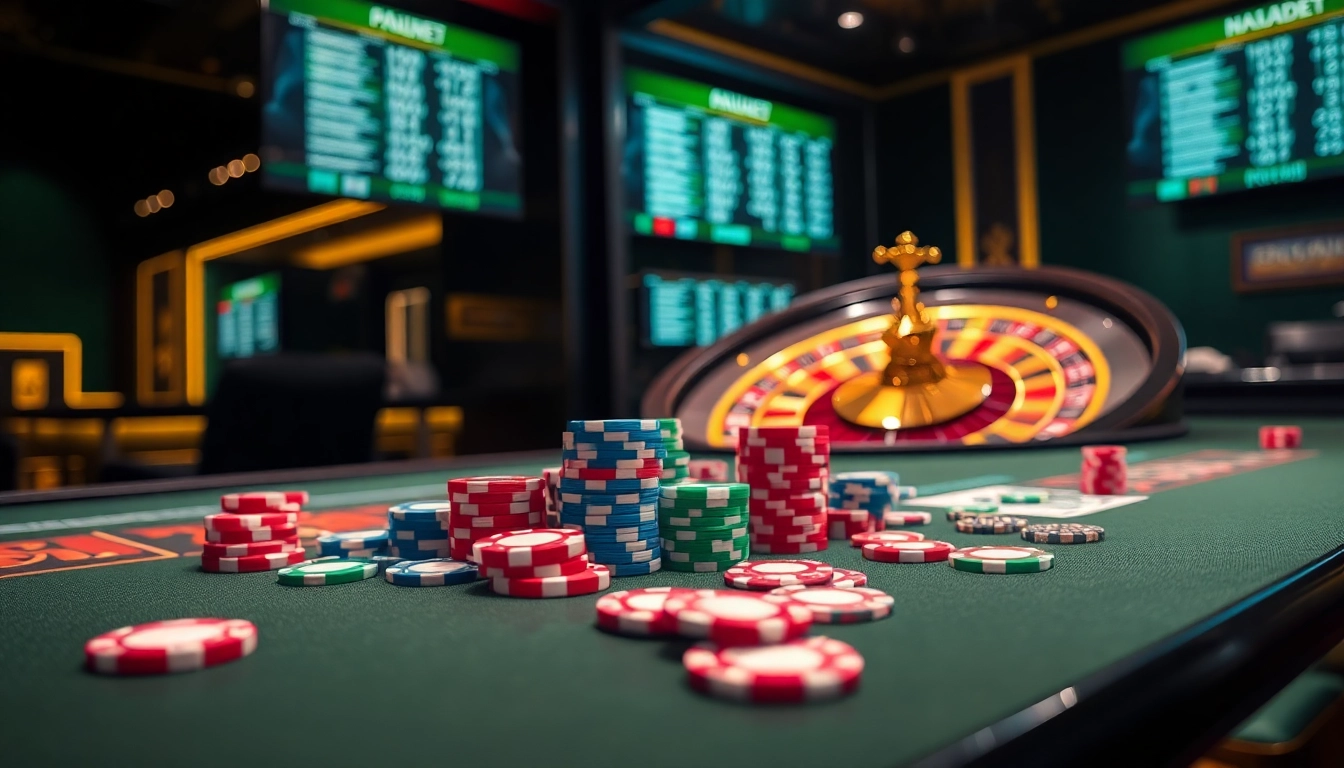 An exciting gaming scene showcasing gambling strategies at https://keonhacai.claims/ with poker cards and casino chips.