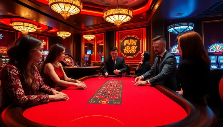 Players engaging in high-stakes poker at a Fun 88-themed casino table.