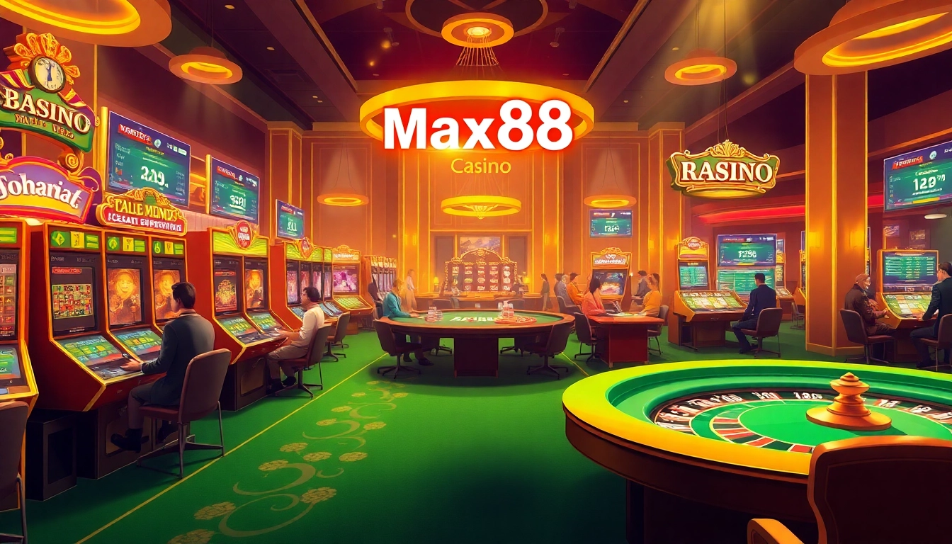 Engage in thrilling game action at max88 with vibrant casino tables and colorful slot machines.