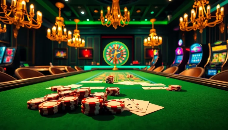 Experience thrilling gameplay at https://febet4.art/ with vibrant casino tables filled with poker chips and cards.