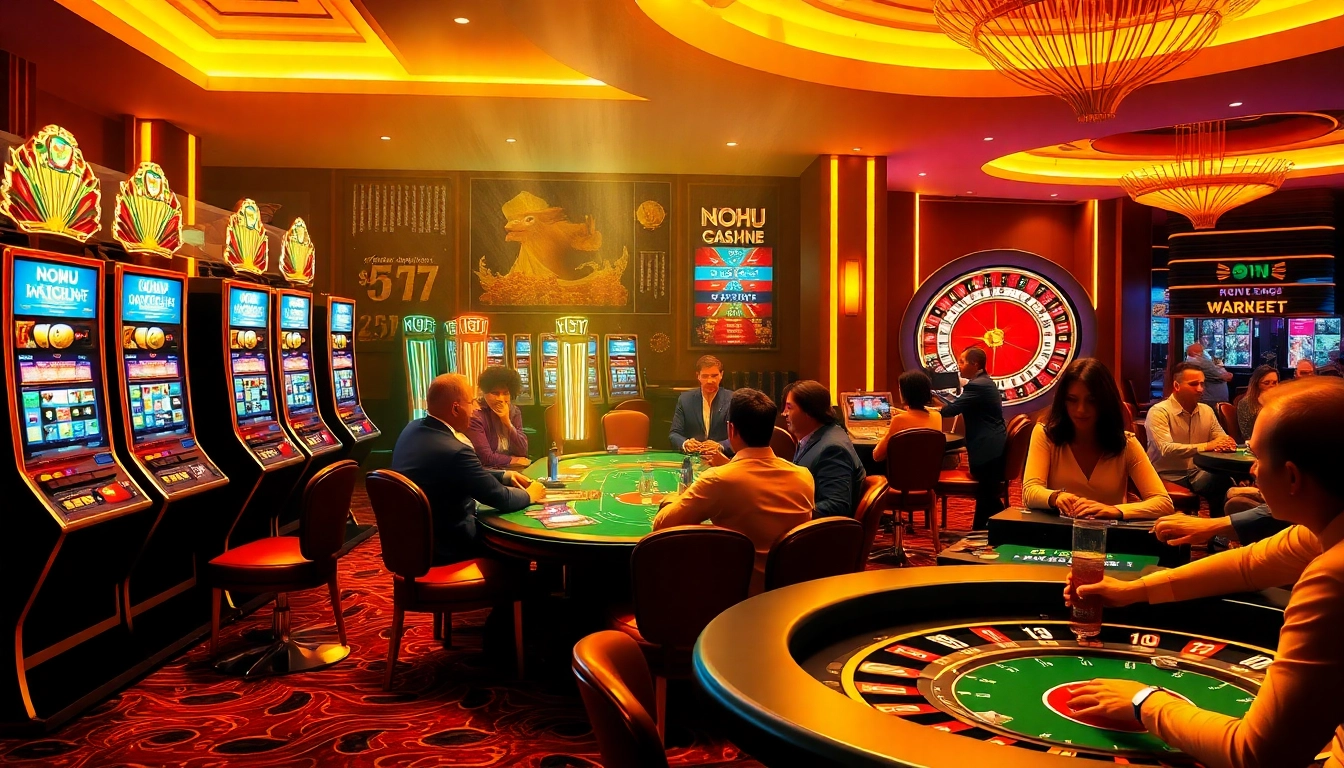 Nohu casino scene with vibrant slot machines, poker players, and roulette wheel giving a thrilling gambling atmosphere.
