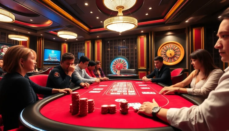 Players enjoying a high-stakes poker game at TR88 casino with vibrant ambiance.
