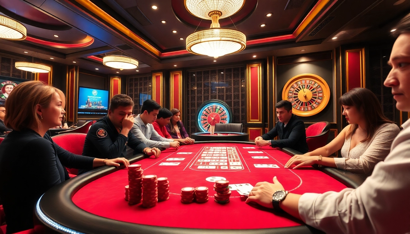 Players enjoying a high-stakes poker game at TR88 casino with vibrant ambiance.