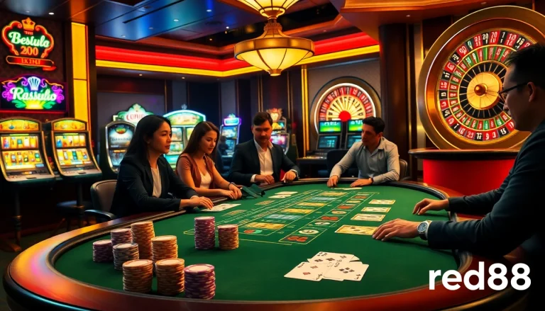 Exciting baccarat game at red88 casino with vibrant slot machines and poker chips.