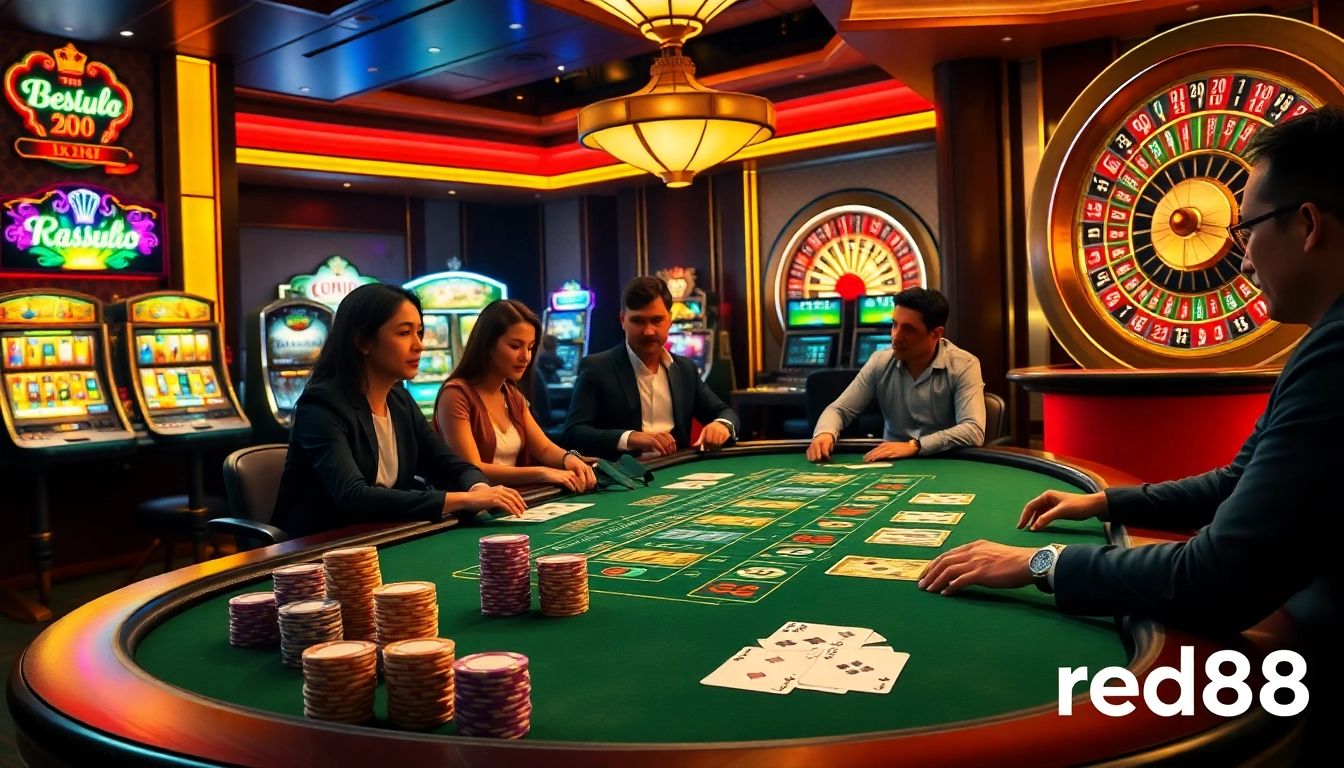 Exciting baccarat game at red88 casino with vibrant slot machines and poker chips.