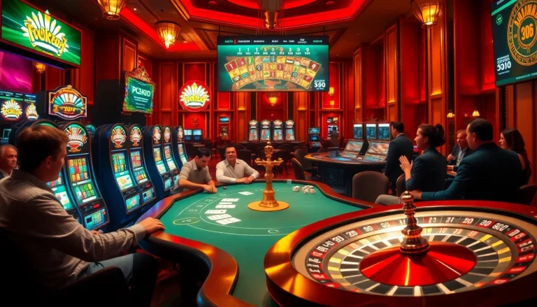 Gambling excitement at a casino, featuring tylekeo odds displayed on large screens amid vibrant poker and slot games.