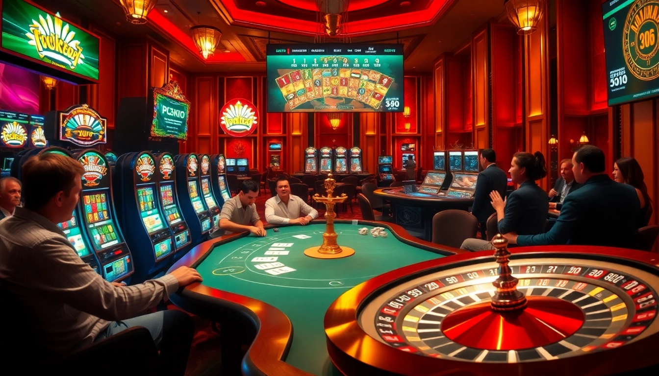 Gambling excitement at a casino, featuring tylekeo odds displayed on large screens amid vibrant poker and slot games.