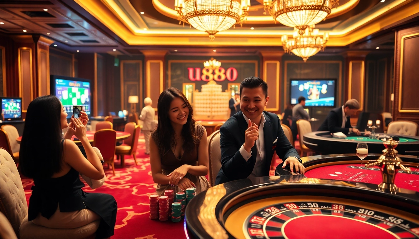 Excited players enjoying a luxurious U888 casino experience with poker chips and vibrant gaming tables.
