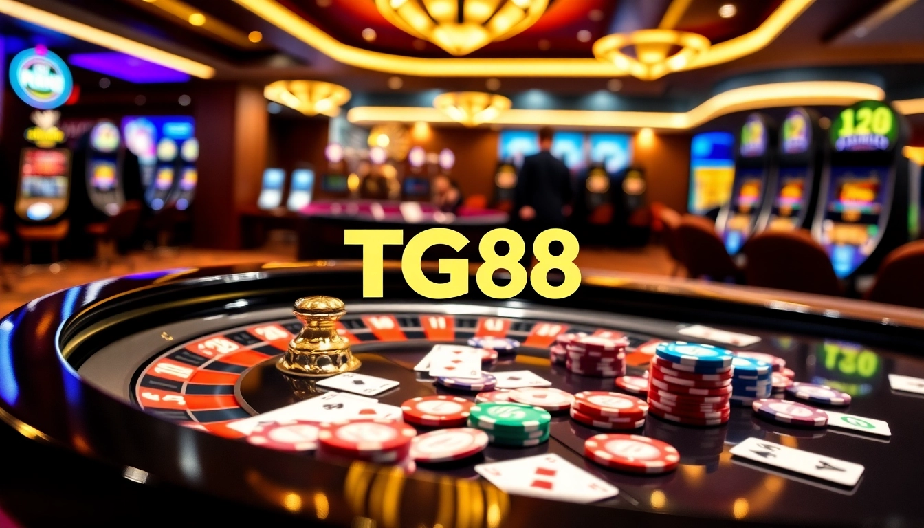 Engage in thrilling gaming experiences with TG88's vibrant casino scene showcasing roulette and poker.